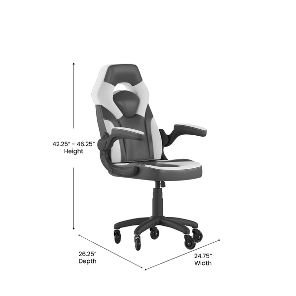 White |#| Office Gaming Chair with Skater Wheels & Flip Up Arms - White LeatherSoft