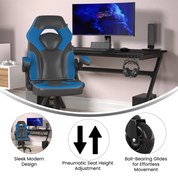 Blue |#| Office Gaming Chair with Skater Wheels & Flip Up Arms - Blue LeatherSoft