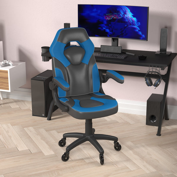 Blue |#| Office Gaming Chair with Skater Wheels & Flip Up Arms - Blue LeatherSoft