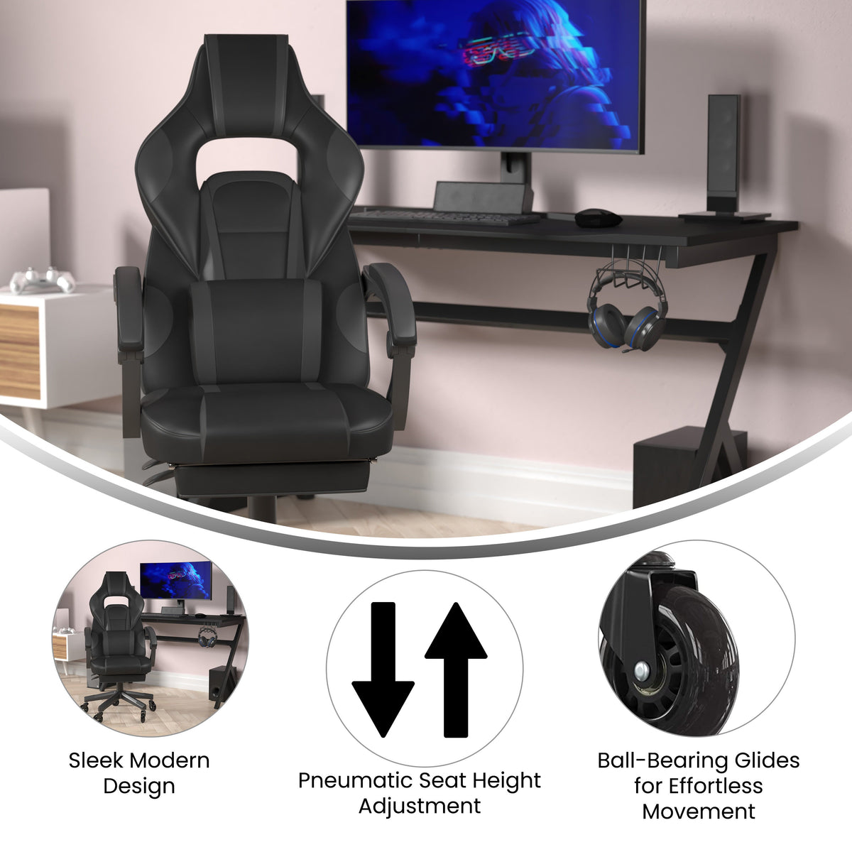 Black with Gray Trim |#| Office Gaming Chair with Skater Wheels & Reclining Arms - Black LeatherSoft