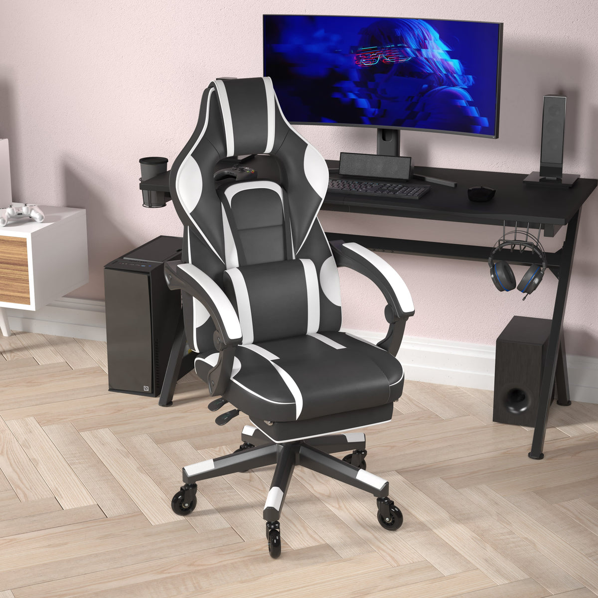 Black with White Trim |#| Office Gaming Chair with Skater Wheels & Reclining Arms - White LeatherSoft