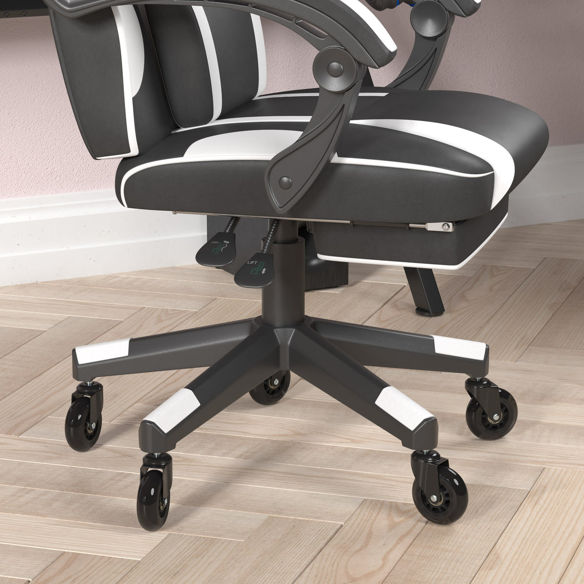 Black with White Trim |#| Office Gaming Chair with Skater Wheels & Reclining Arms - White LeatherSoft