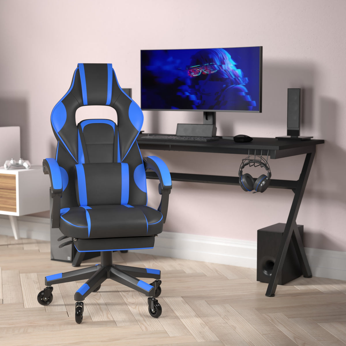 Black with Blue Trim |#| Office Gaming Chair with Skater Wheels & Reclining Arms - Blue LeatherSoft