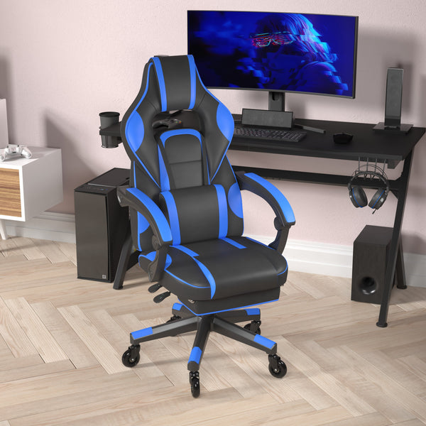 Black with Blue Trim |#| Office Gaming Chair with Skater Wheels & Reclining Arms - Blue LeatherSoft