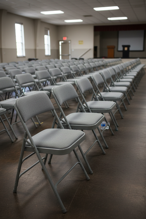 Candid view of padded metal folding chairs from front right