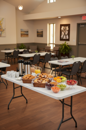 Folding training table with breakfast in full fellowship hall